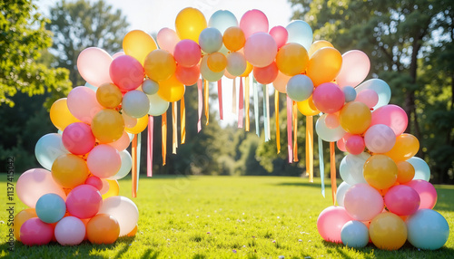 Colorful balloon arch with vibrant balloons and ribbons in a sunny park for festive wedding decoration