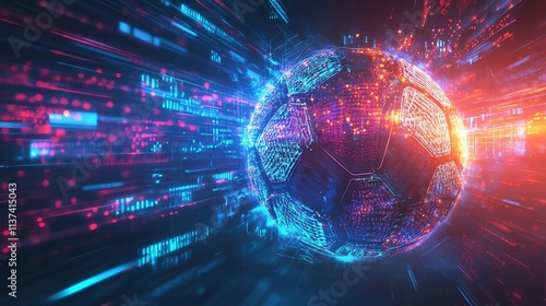 A glowing, digital soccer ball in a futuristic, digital space.