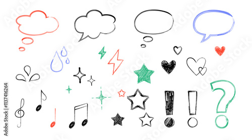 Doodle elements like speech bubbles, stars, and music notes convey creativity and expression.