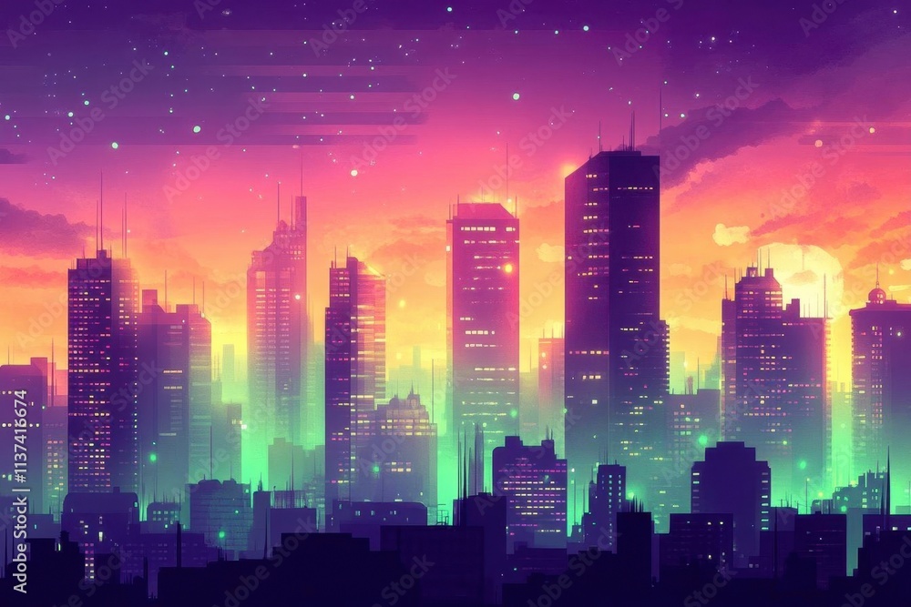 A vibrant city skyline at sunset, showcasing colorful lights and buildings. A vibrant city skyline at sunset, showcasing colorful lights and buildings.