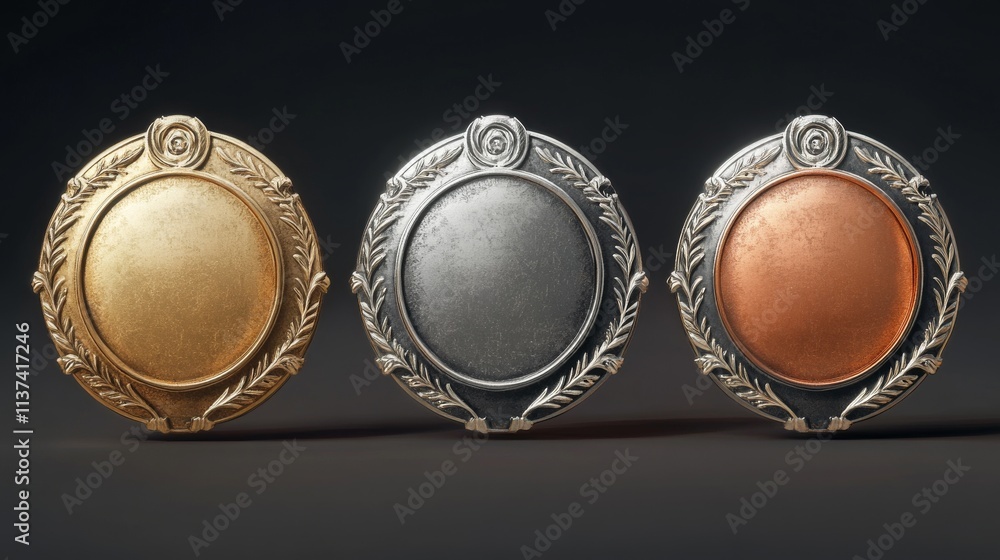 achievement medallion collection, ornate circular badges, precious metal finishes, realistic metal texture, engraved line details, ceremonial award style, dual banner tails, polished surface gleam achievement medallion collection, ornate circular badges, precious metal finishes, realistic metal texture, engraved line details, ceremonial award style, dual banner tails, polished surface gleam
