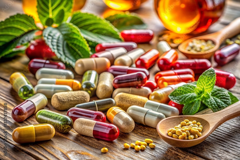 A Vibrant Array of Various Supplement Capsules on a Light Wooden Table, Showcasing Colors and Shapes for Health and Wellness Themes A Vibrant Array of Various Supplement Capsules on a Light Wooden Table, Showcasing Colors and Shapes for Health and Wellness Themes