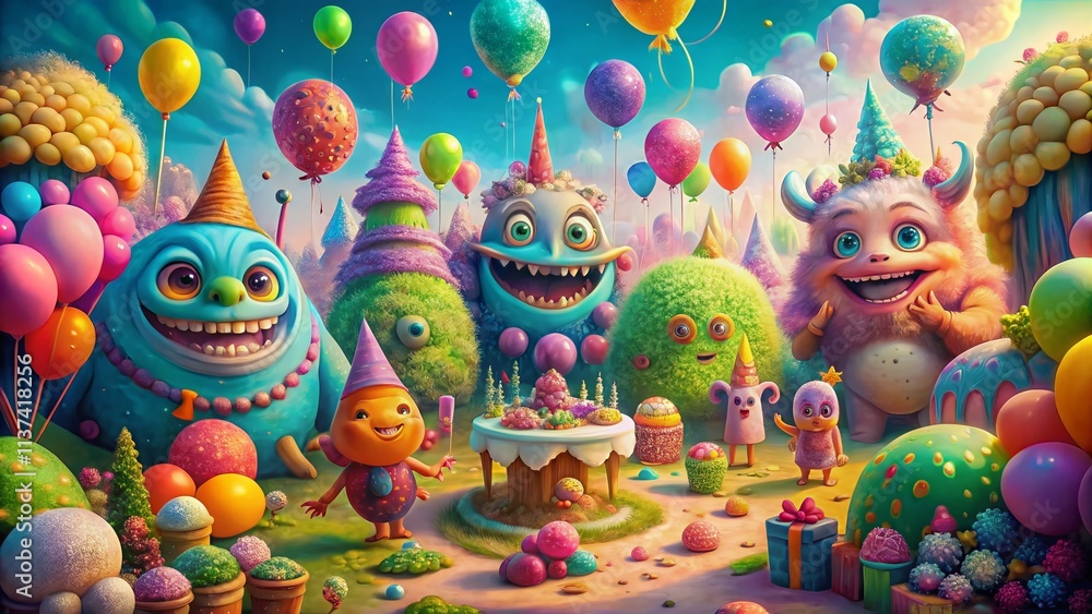 A Whimsical Gathering of Happy Silly Cute Monsters Celebrating at a Colorful Party in a Dreamlike Surreal Landscape Filled with Joy, Laughter, and Imaginative Decorations A Whimsical Gathering of Happy Silly Cute Monsters Celebrating at a Colorful Party in a Dreamlike Surreal Landscape Filled with Joy, Laughter, and Imaginative Decorations