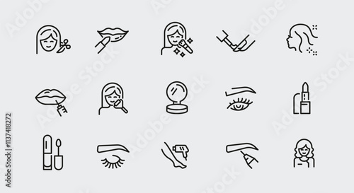 Beauty icons. Set of 15 beauty trendy minimal icons. Example: Eye, Lipstick, Haircut, Eyebrow, Perfume icon. Design signs for web page, mobile app, packaging design. Vector illustration.