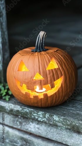 A carved pumpkin with a candle glowing inside, symbolizing Halloween.