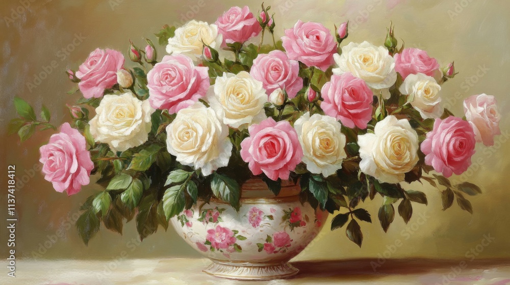 A Bouquet of Pink and White Roses in a Decorative Vase A Bouquet of Pink and White Roses in a Decorative Vase