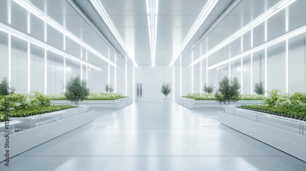 Futuristic Indoor Garden with White Walls and Bright Lights Futuristic Indoor Garden with White Walls and Bright Lights