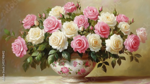A Bouquet of Pink and White Roses in a Decorative Vase