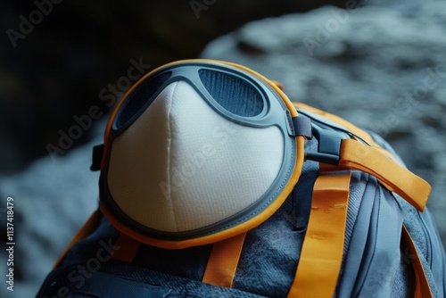 A close-up of a protective mask on a backpack, showcasing outdoor gear. photo