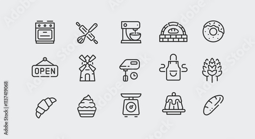 Bakery icons. Set of 15 bakery trendy minimal icons. Example: Oven, Open Sign, Cake, Whisk, Croissant icon. Design signs for web page, mobile app, packaging design. Vector illustration.