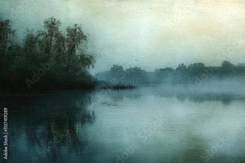 Serene landscape with misty water and silhouettes of trees at dawn.