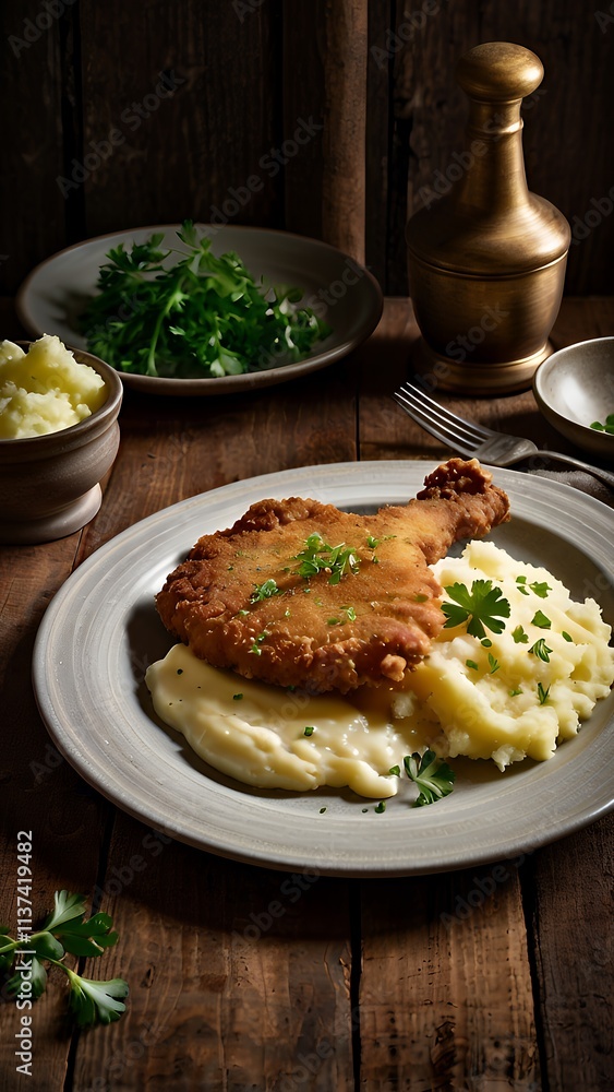 Golden, crispy schnitzel served on a white plate with creamy mashed potatoes garnished with parsley, tangy pickles, and elegant golden cutlery on a rustic table Golden, crispy schnitzel served on a white plate with creamy mashed potatoes garnished with parsley, tangy pickles, and elegant golden cutlery on a rustic table