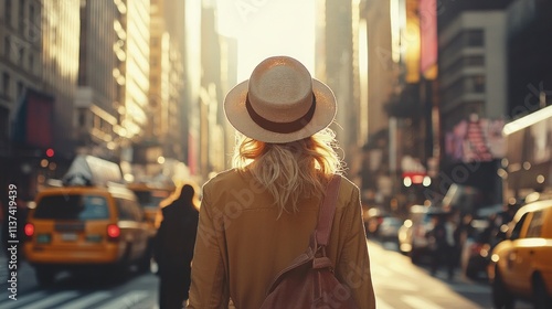 A woman in a hat walks down a city street, looking towards the sunlit horizon. The city is full of tall buildings, cars, and people.