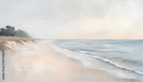 Serene beach landscape with gentle waves and soft pastel colors.