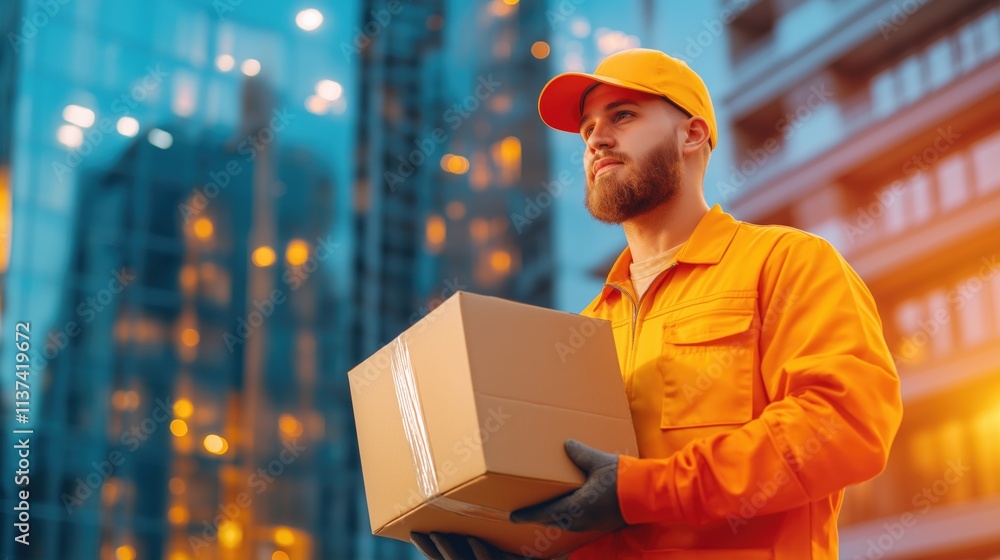 Caucasian man in orange uniform holding box in urban setting at sunset Caucasian man in orange uniform holding box in urban setting at sunset