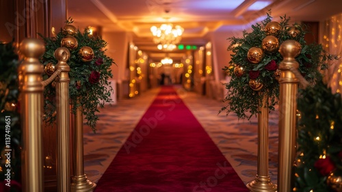 Wallpaper Mural glamorous event entrance, plush crimson carpet runner, polished brass crowd control posts, romantic soft focus lighting, golden orbs bokeh effect, luxury venue decoration, ceremonial walkway, evening Torontodigital.ca