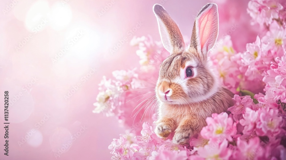 Fototapeta premium Cute bunny among pink blossoms for easter celebration and springtime joy