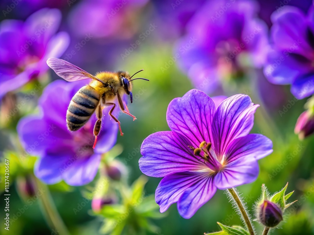 Bee Pollinating Purple Geranium: Macro Documentary Photography Bee Pollinating Purple Geranium: Macro Documentary Photography
