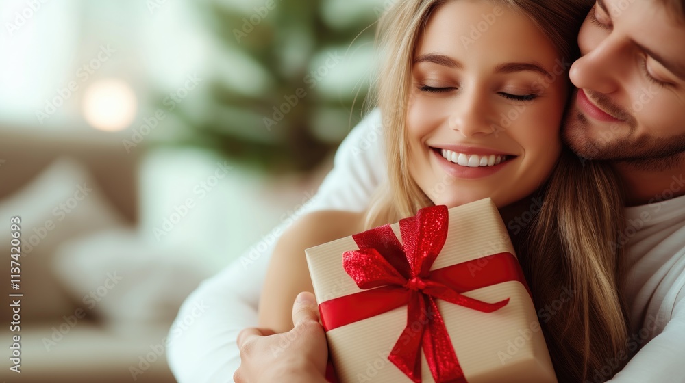 Caucasian young couple embracing and celebrating with a gift box Caucasian young couple embracing and celebrating with a gift box