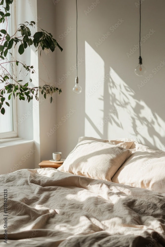 A cozy bedroom with soft bedding and natural light from a window. A cozy bedroom with soft bedding and natural light from a window.
