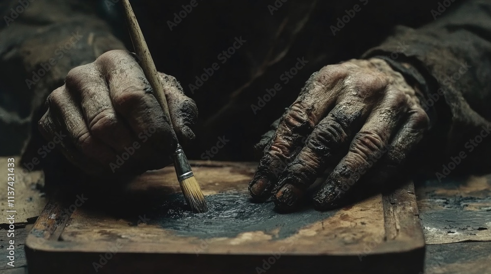 Close-up of elderly caucasian man's hands painting with brush on wooden surface Close-up of elderly caucasian man's hands painting with brush on wooden surface