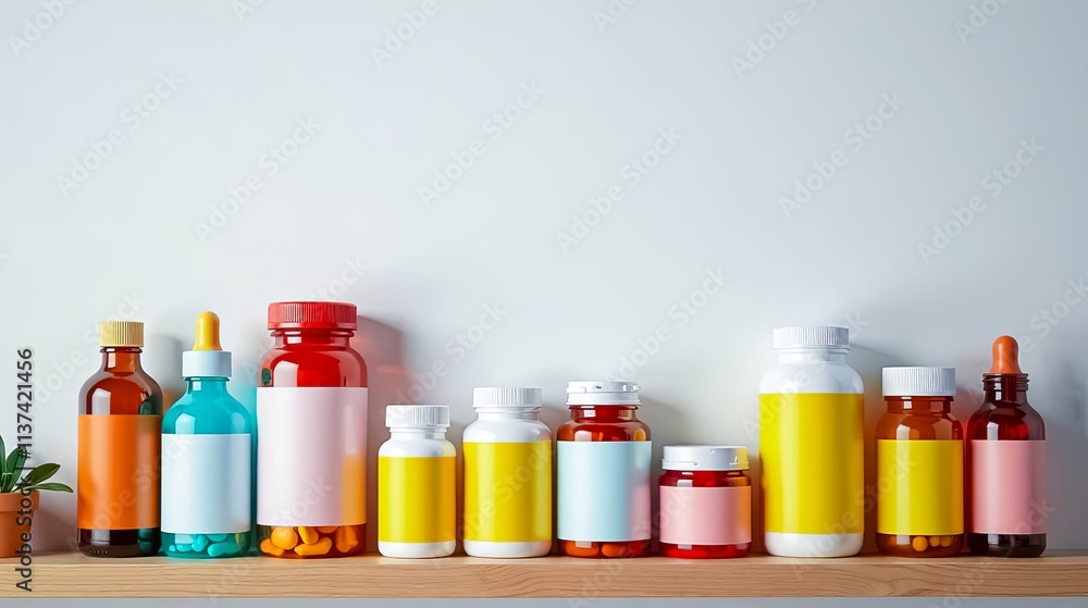 Variety of medicine bottles and containers on shelf Variety of medicine bottles and containers on shelf