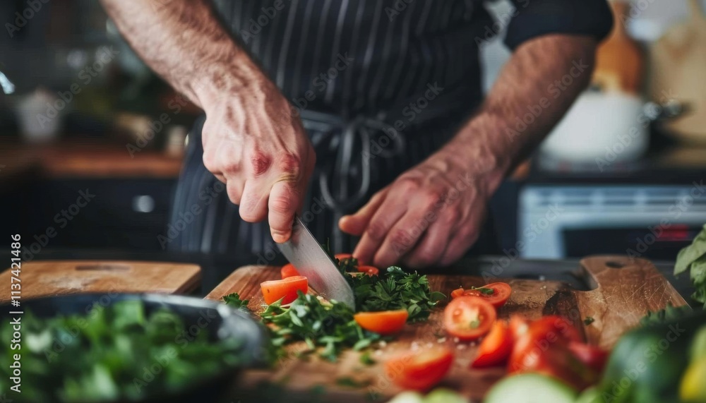 A chef chops fresh vegetables on a wooden cutting board. A chef chops fresh vegetables on a wooden cutting board.