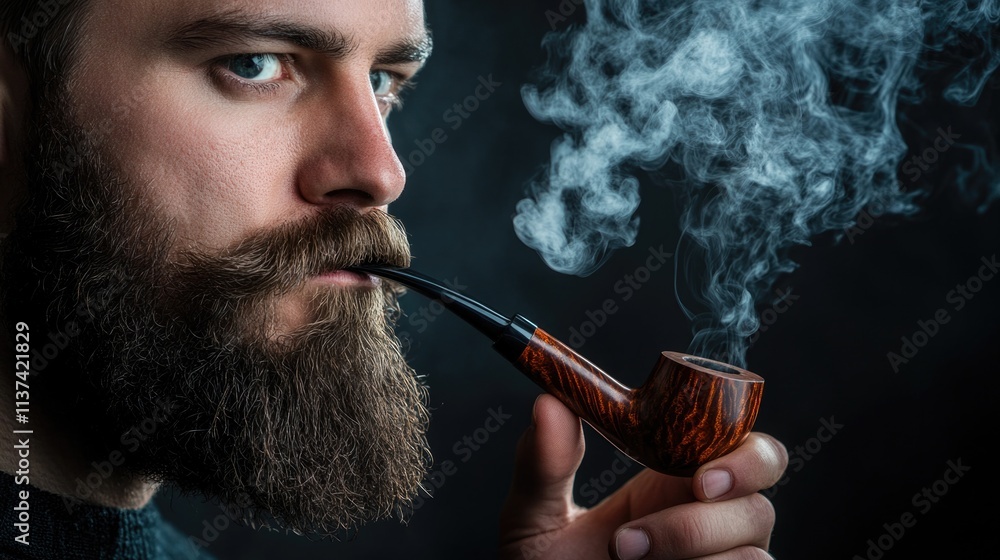 Fototapeta premium Young caucasian man smoking pipe with thick beard and smoke