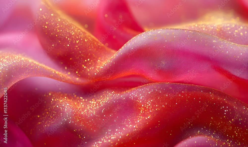 Red and pink background, golden glittering particles on the fabric surface, Generative AI