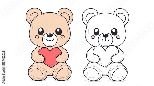 A cute teddy bear holding a red heart, and another teddy bear outlined for coloring.
