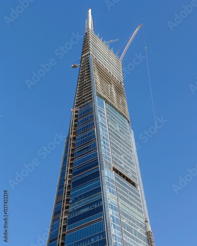 A tall skyscraper under construction against a clear blue sky.