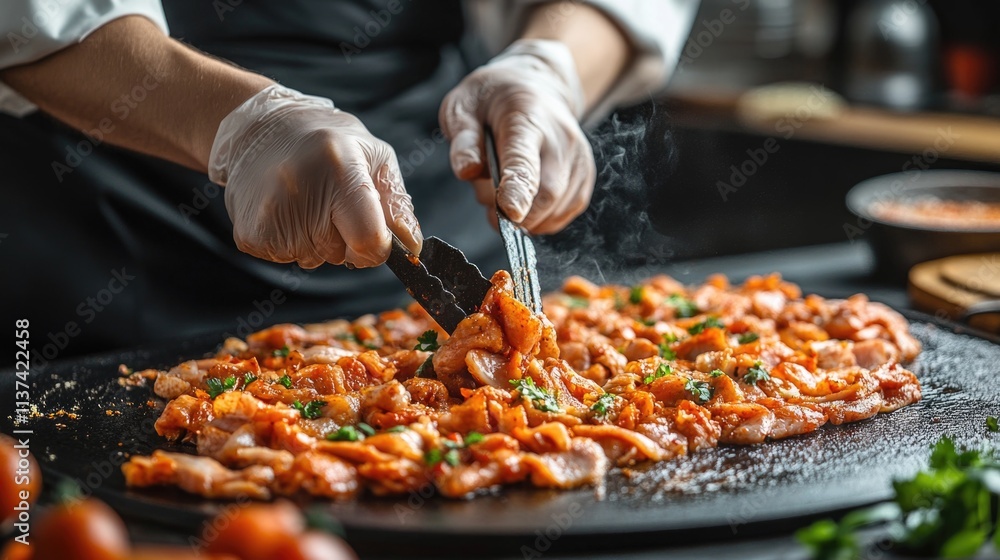 Chef grilling marinated chicken on hot griddle in restaurant kitchen Chef grilling marinated chicken on hot griddle in restaurant kitchen