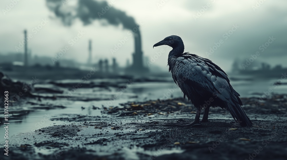 Fototapeta premium Pollution impact on wildlife: bird in polluted industrial landscape