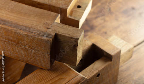 Photos Mortise, tenon joints of antique rustic furniture
