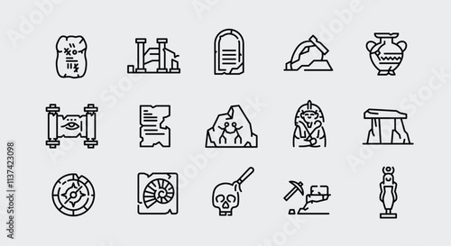 Archaeology icons. Set of 15 archaeology-themed minimal icons. Map, Shovel, Artifact, Fossil, Ancient Vase icons. Design signs for web pages, mobile apps, related to history. Vector illustration
