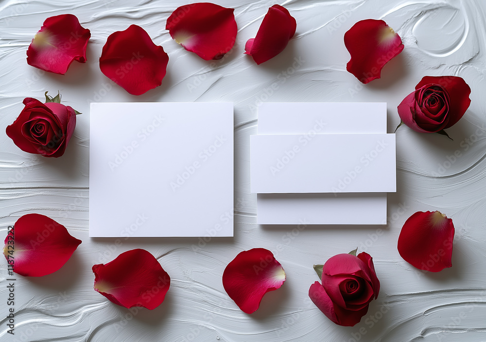 white blank business cards, placed on a white background paper with five or six rose petals scattered around them white blank business cards, placed on a white background paper with five or six rose petals scattered around them