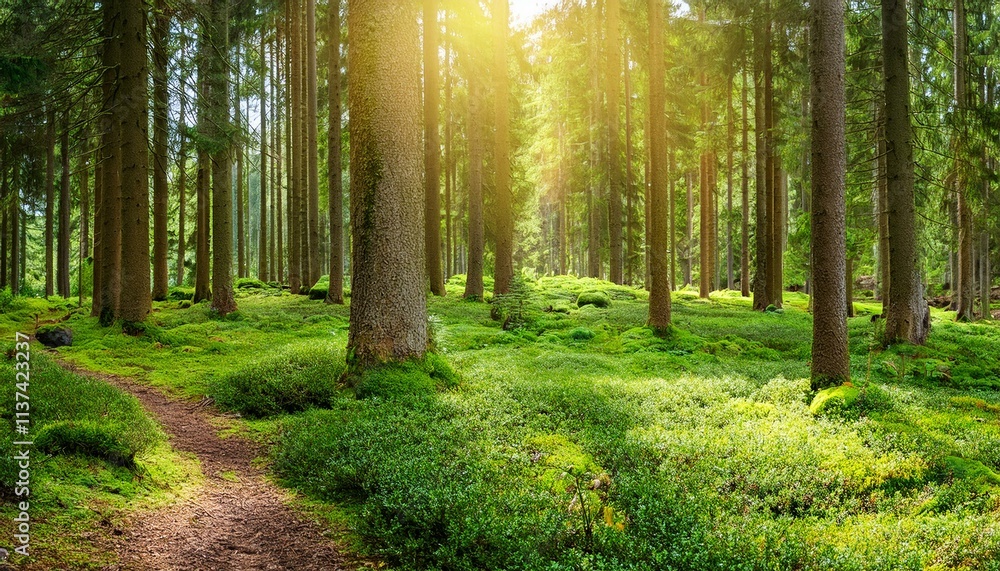 Fototapeta premium Serene Forest Escape: Panoramic Landscape of the Black Forest with Sunshine Beams and Moss-Covered Path