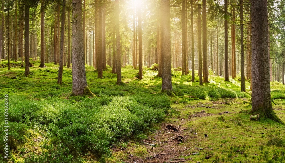 Obraz premium Serene Forest Escape: Panoramic Landscape of the Black Forest with Sunshine Beams and Moss-Covered Path
