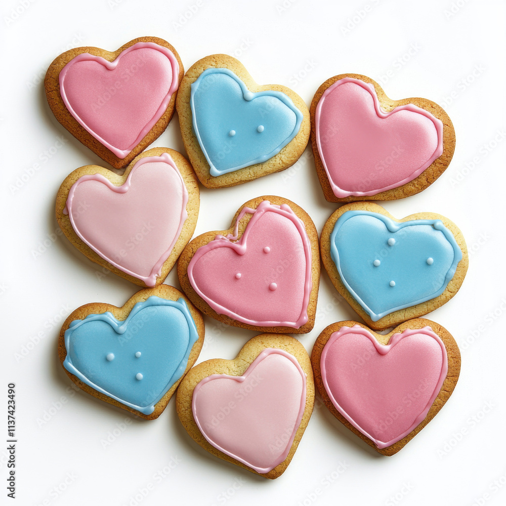 Heart shaped cookies with vibrant icing in pink and blue colors, isolated design on white background
Heart shaped cookies with vibrant icing in pink and blue colors, isolated design on white background