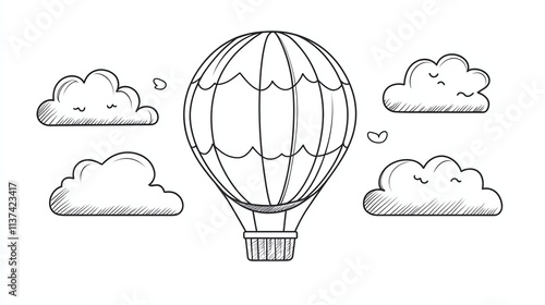 A cartoon hot air balloon flying among cute clouds. photo