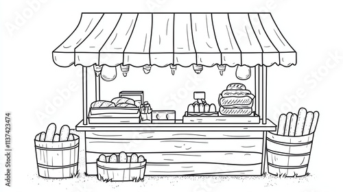 A simple black and white illustration of a food stand with bread, hotdogs and other items. photo