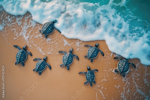 Baby sea turtles running to the ocean on sandy beach photo