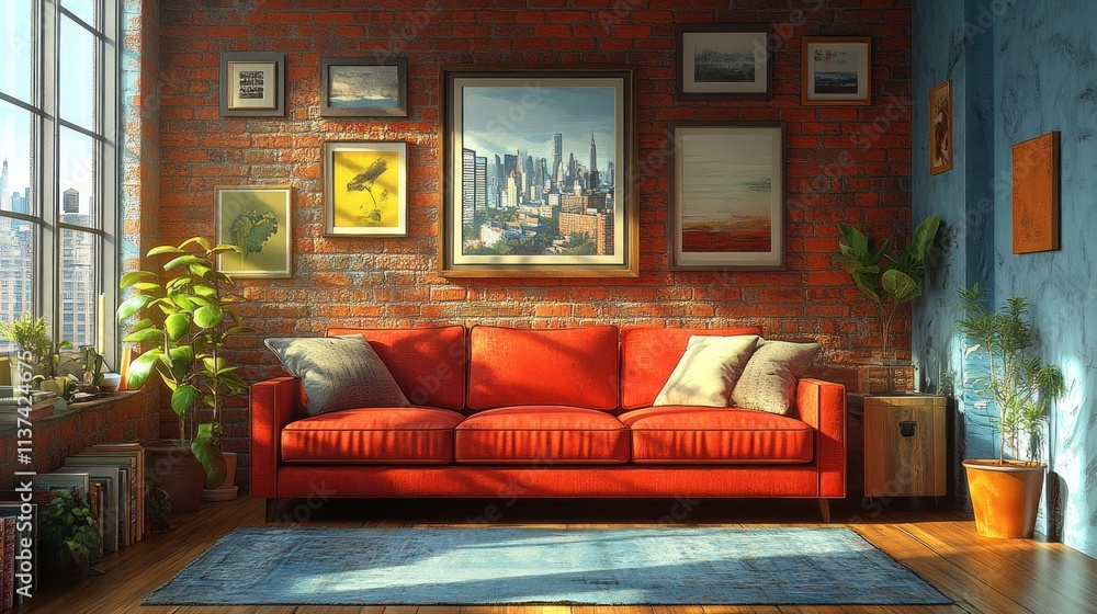 Cozy living room with a red couch, plants, and artwork on a brick wall. Cozy living room with a red couch, plants, and artwork on a brick wall.