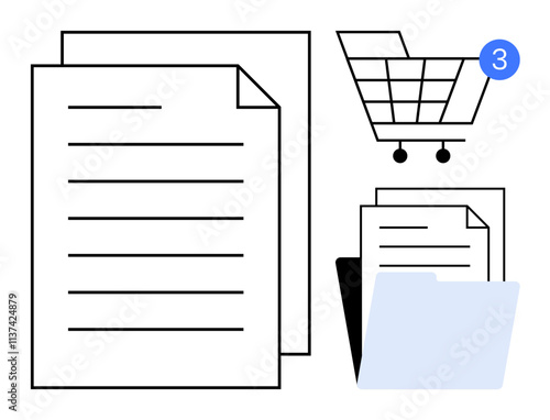 Documents, folder, and a shopping cart with a notification icon indicating three items. Ideal for online shopping, document management, digital notifications, organization, e-commerce, digital