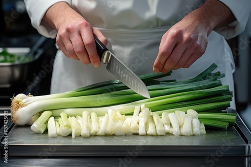 Chef chopping fresh spring onions in a professional kitchen photo