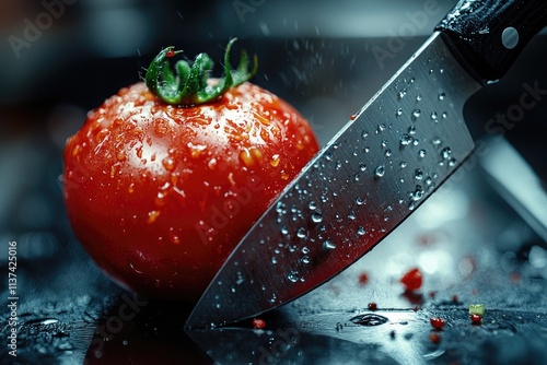 Serrated knife cutting fresh tomato on wet surface photo