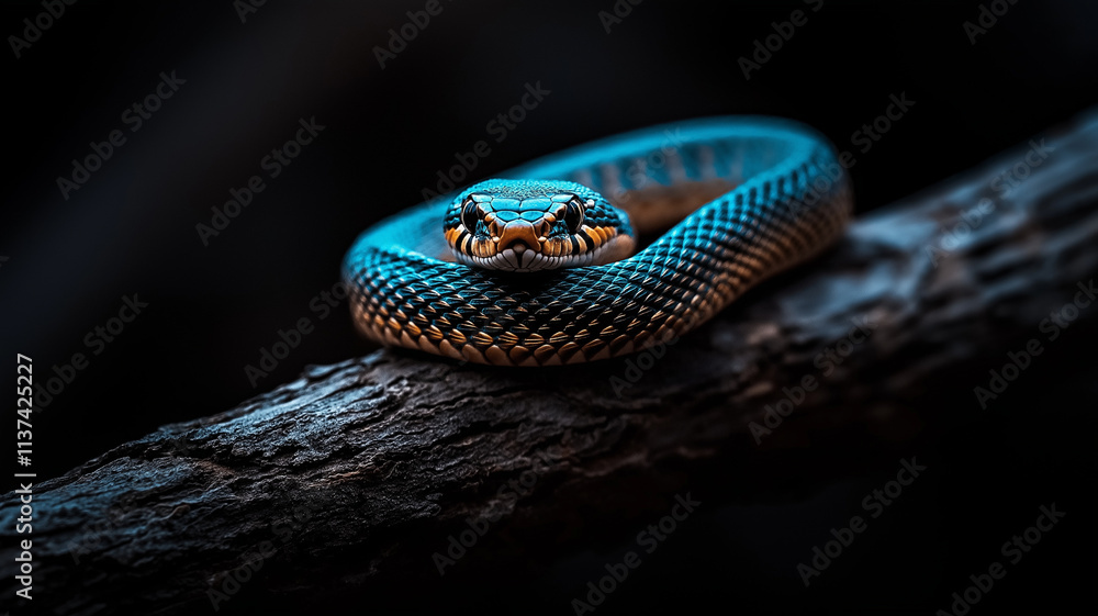 Fototapeta premium close up of venomous snake coiled around branch, showcasing its striking scales and vibrant colors. image captures snake intense gaze and intricate patterns, evoking sense of intrigue and caution