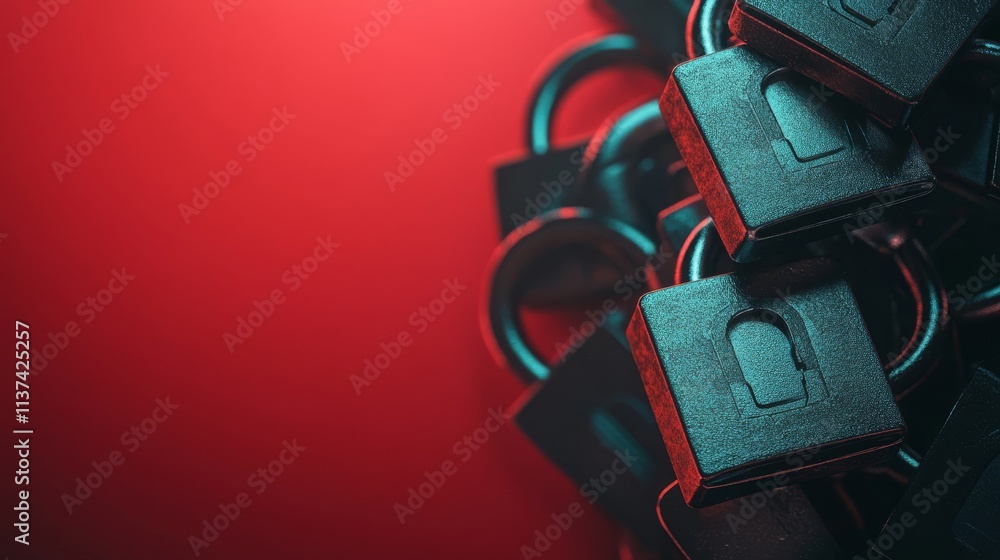 Naklejka premium Close-up of black padlocks on a red background. Tool and Encryption concept.