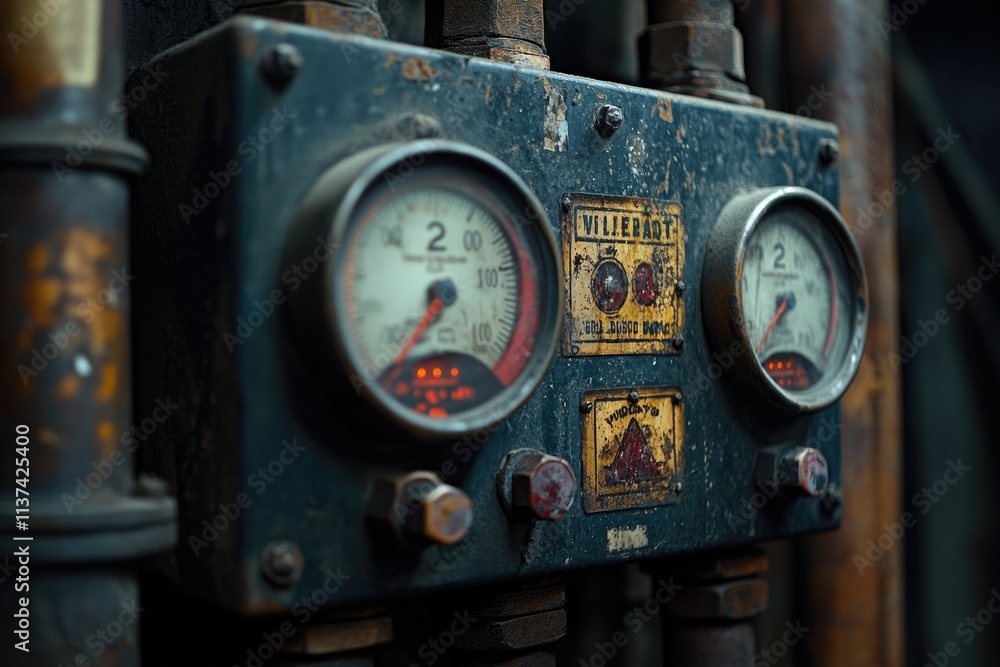 Old analog gauges and valves measuring pressure and temperature in industrial setting Old analog gauges and valves measuring pressure and temperature in industrial setting