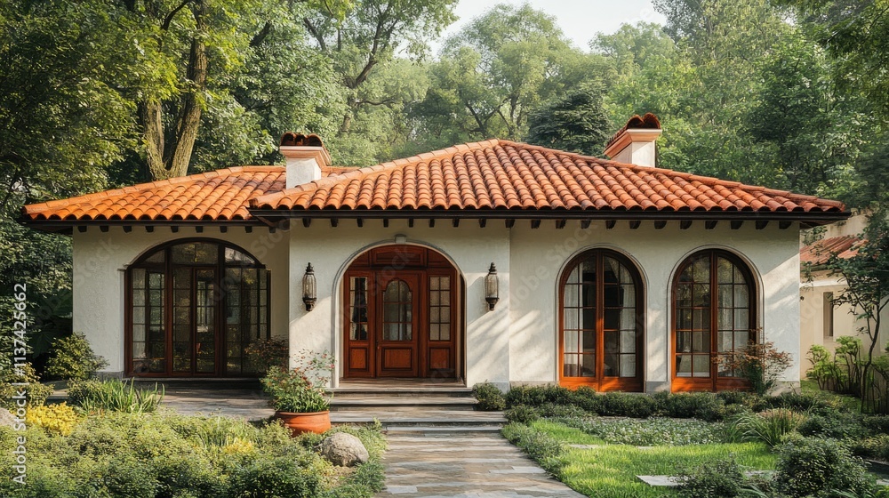 Spanish style house exterior showing terracotta roof and stucco walls Spanish style house exterior showing terracotta roof and stucco walls